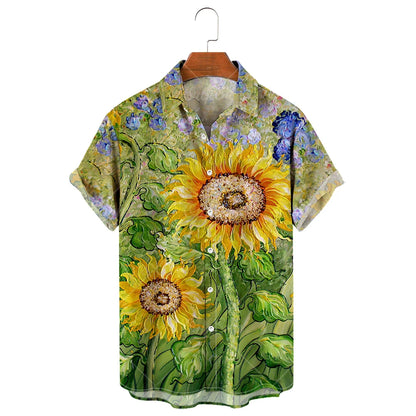 Men's Hawaiian Shirt, 3D Sunflower Print T-Shirt, Floral Single Row Button Lapel, Large 5XL, Casual Style, Beach To
