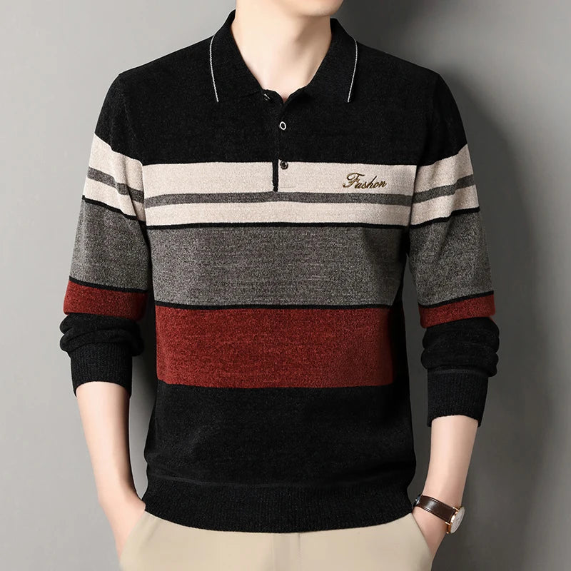 Men's Lapel Sweater Fashion Striped Knitted Pullovers Autumn Winter Fleece Lined Knitwear Thickened Jumpers New Jersey