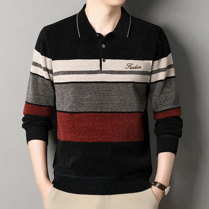 Men's Lapel Sweater Fashion Striped Knitted Pullovers Autumn Winter Fleece Lined Knitwear Thickened Jumpers New Jersey