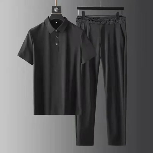 2025 Summer New Fashion Solid Color Comfortable Breathable Sports Suit Men's Business Leisure Loose Size Two-Piece Set M-4XL