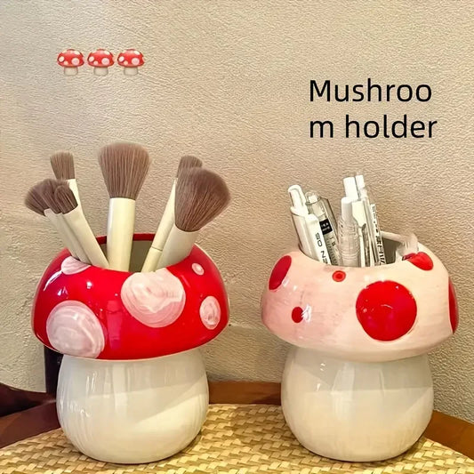 Cute Mushroom Ceramic Pen Container Series Suitable Makeup Brush Holder Office Supplies Desktop Creative Decoration