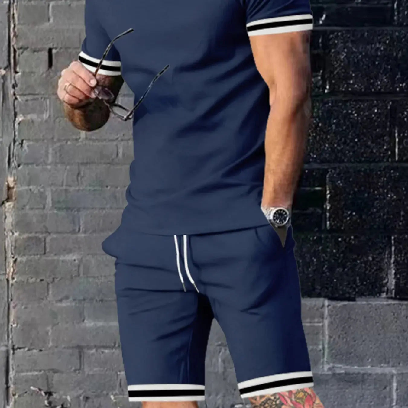 EUROPEAN AND AMERICAN MEN'S SUMMER MEN'S LOOSE SET SHORT SLEEVED SHORTS SPORTS CASUAL ROUND NECK TWO-PIECE SET MEN'S S-3XL