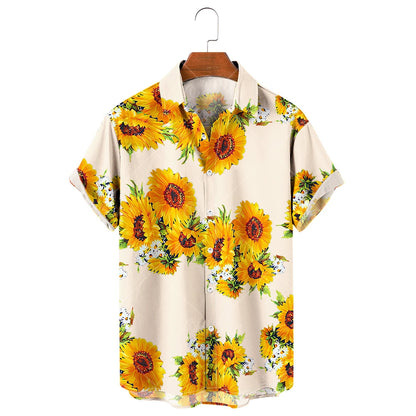 Men's Hawaiian Shirt, 3D Sunflower Print T-Shirt, Floral Single Row Button Lapel, Large 5XL, Casual Style, Beach To