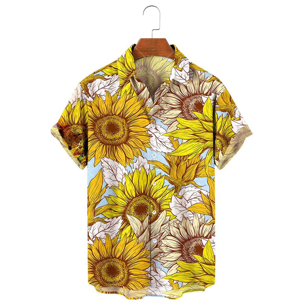 Men's Hawaiian Shirt, 3D Sunflower Print T-Shirt, Floral Single Row Button Lapel, Large 5XL, Casual Style, Beach To