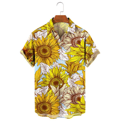 Men's Hawaiian Shirt, 3D Sunflower Print T-Shirt, Floral Single Row Button Lapel, Large 5XL, Casual Style, Beach To
