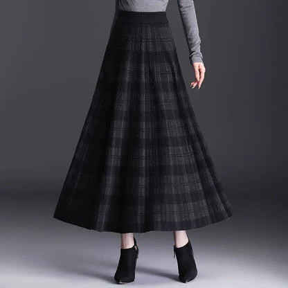 Autumn Winter High Waist  Knitted  A-line Maxi Skirt Women Casual  Skirt Plaid Long skirt