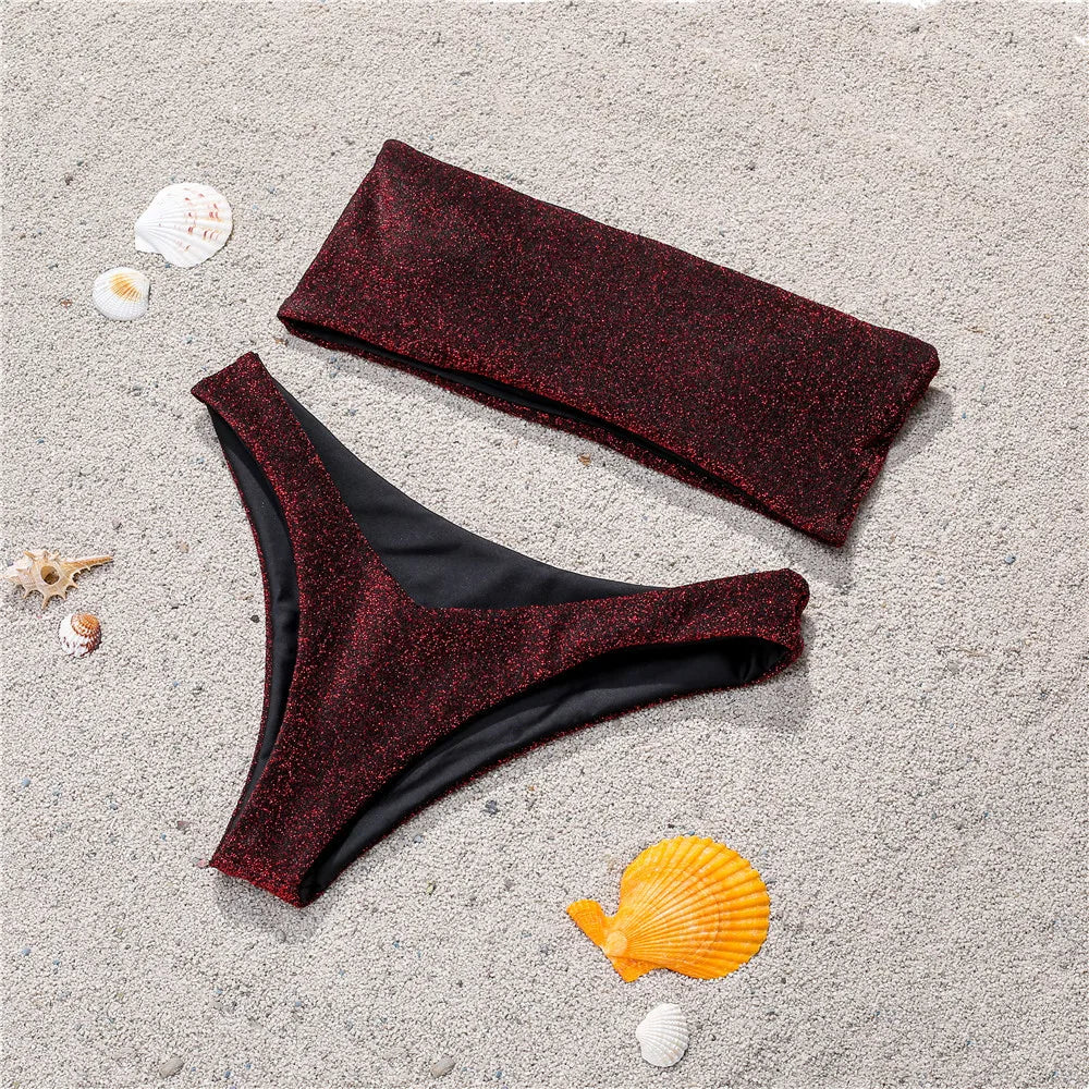 Jucleo 2025 New Swimsuit Women Sexy Glitter Bikini Set Brazilian Thong Biquini High Waist Swimwear Bathing Suit Mujer Blue Pink