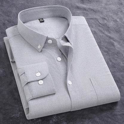 Classic Men's Dress Shirt Spring Long Sleeve 100% Pure Cotton Solid Color Oxford Striped Soft Business Regular Fit Social Blouse