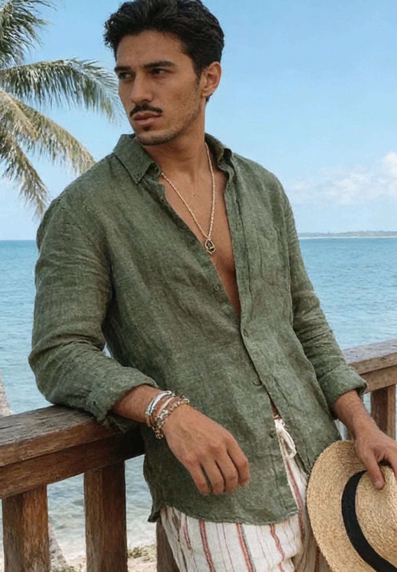 Men's new men's long sleeve buttoned cotton linen shirt lapel cardigan