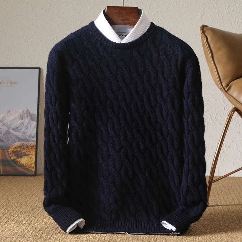 Autumn Winter Thickened Cashmere Sweater 100% Merino Wool Men's Top O-Neck Twisted Pullover Knitted Loose Long Sleeve Sweater