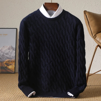Autumn Winter Thickened Cashmere Sweater 100% Merino Wool Men's Top O-Neck Twisted Pullover Knitted Loose Long Sleeve Sweater