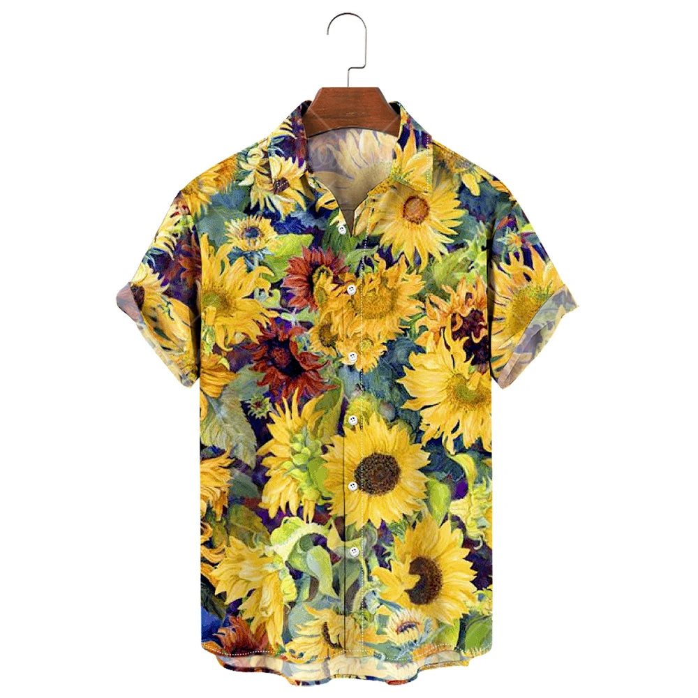 Men's Hawaiian Shirt, 3D Sunflower Print T-Shirt, Floral Single Row Button Lapel, Large 5XL, Casual Style, Beach To