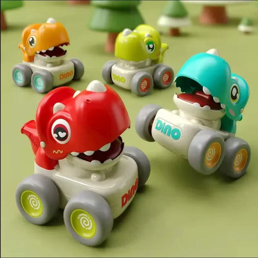 Press the sliding dinosaur car, the toy has whistle function,