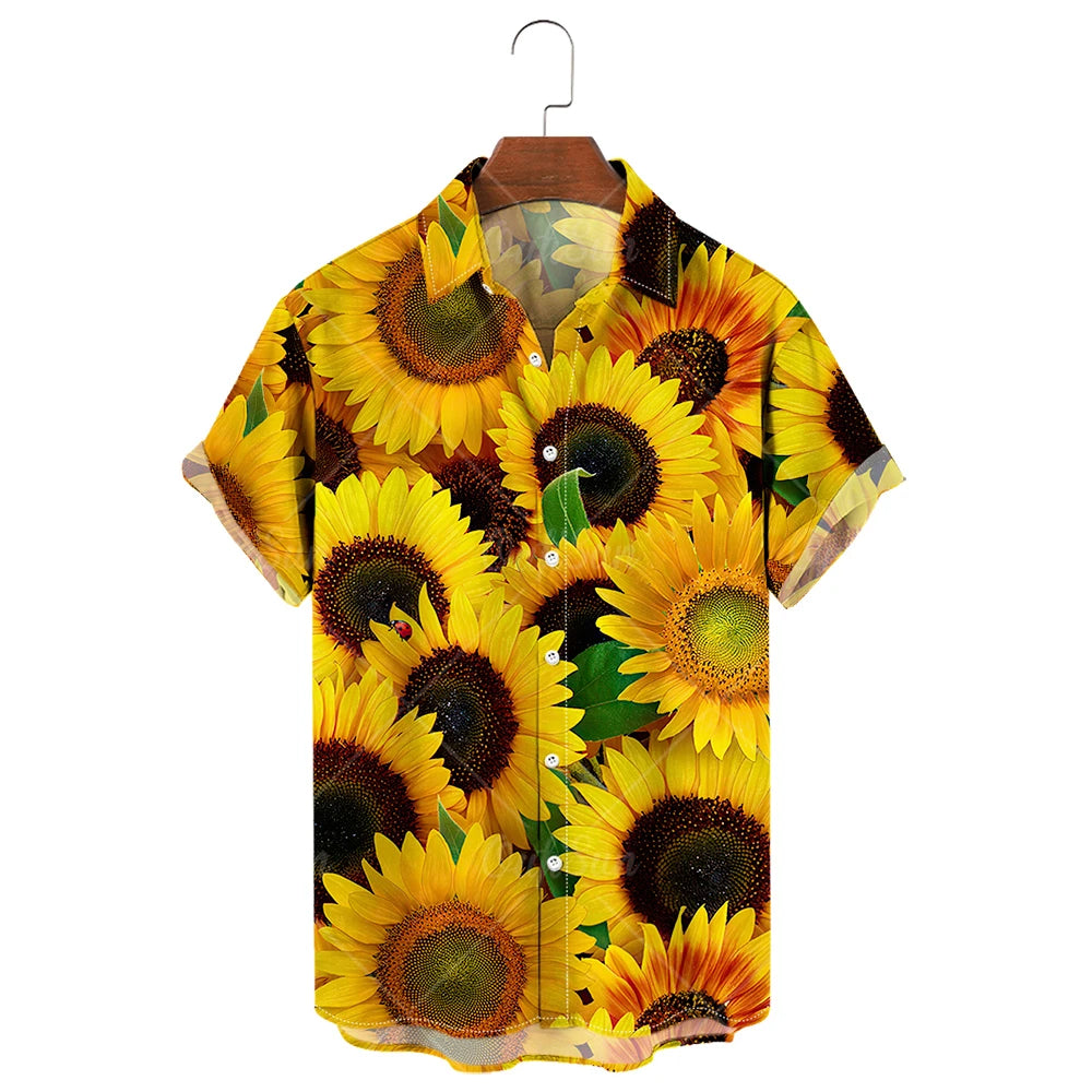 Men's Hawaiian Shirt, 3D Sunflower Print T-Shirt, Floral Single Row Button Lapel, Large 5XL, Casual Style, Beach To