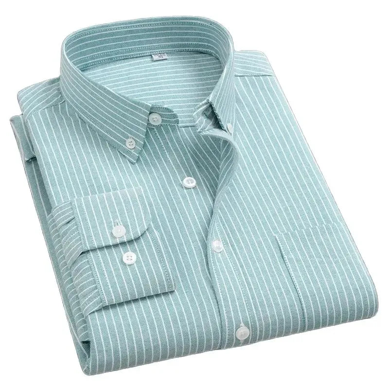 Classic Men's Dress Shirt Spring Long Sleeve 100% Pure Cotton Solid Color Oxford Striped Soft Business Regular Fit Social Blouse
