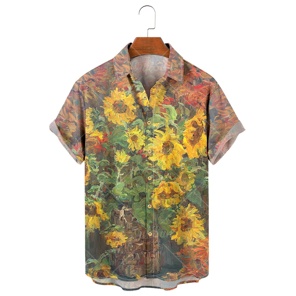 Men's Hawaiian Shirt, 3D Sunflower Print T-Shirt, Floral Single Row Button Lapel, Large 5XL, Casual Style, Beach To