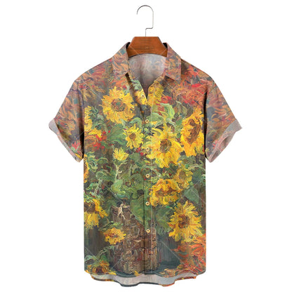 Men's Hawaiian Shirt, 3D Sunflower Print T-Shirt, Floral Single Row Button Lapel, Large 5XL, Casual Style, Beach To
