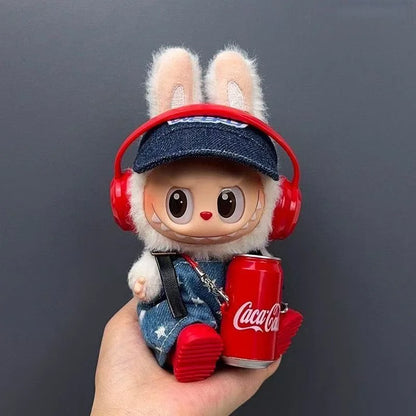 for 15-17cm Labubu Sitting Party Dolls Clothing Suspender Pants Duck Peaked Cap Kit Plush Dolls Cola Bottle Earphone Accessories
