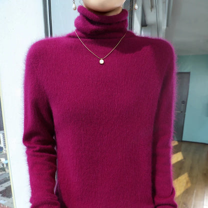 Autumn And Winter New 100% Pure Mink Cashmere Sweater Women's Pile Collar Pullover Slim Sweater Knitted Bottoming Shirt