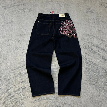 Hip Hop Cherry Blossom Embroidered Jeans Vintage Low Waist Wide Leg Trousers Y2K Clothes Mens Womes Embroidered Baggy Jeans