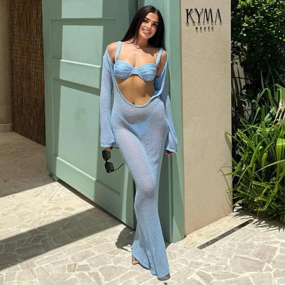 Tuularose Sexy V Neck Hollow Dress Women's Summer See-through Backless Beach Vacation Cover Up Dress Solid Knitted Party Dress