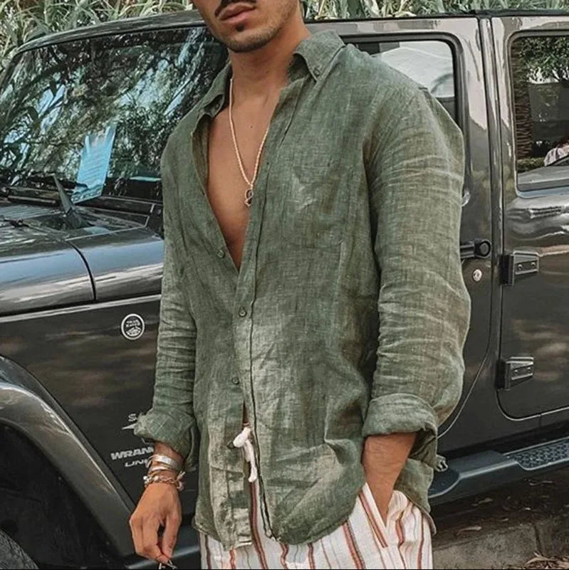 Men's new men's long sleeve buttoned cotton linen shirt lapel cardigan