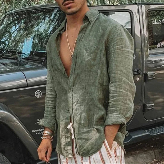 Men's new men's long sleeve buttoned cotton linen shirt lapel cardigan