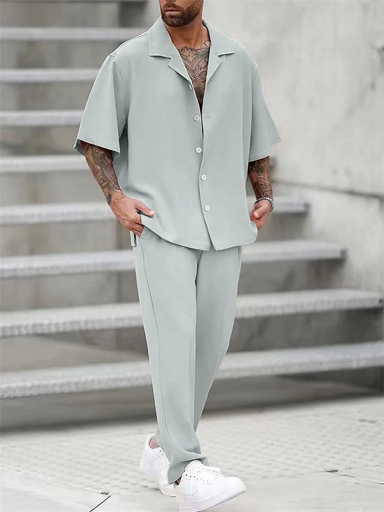Light Blue Striped 3D Printed Men's Autumn Shirt Set, Outdoor Sports Casual Men's Lapel Shirt And Casual, Trendy And Fashionable