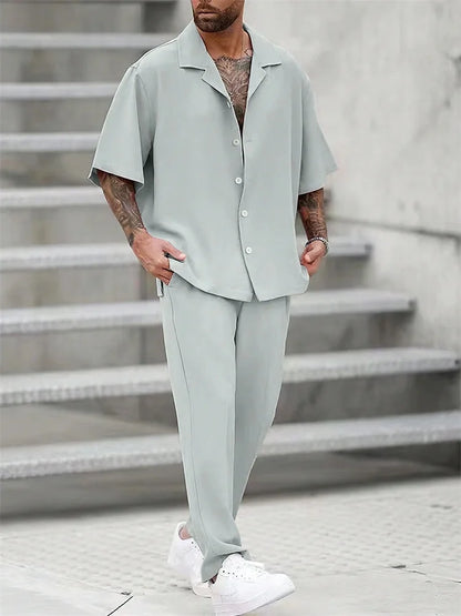 Light Blue Striped 3D Printed Men's Autumn Shirt Set, Outdoor Sports Casual Men's Lapel Shirt And Casual, Trendy And Fashionable