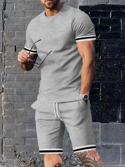 EUROPEAN AND AMERICAN MEN'S SUMMER MEN'S LOOSE SET SHORT SLEEVED SHORTS SPORTS CASUAL ROUND NECK TWO-PIECE SET MEN'S S-3XL