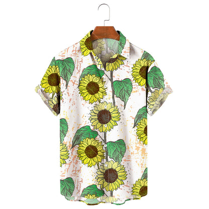 Men's Hawaiian Shirt, 3D Sunflower Print T-Shirt, Floral Single Row Button Lapel, Large 5XL, Casual Style, Beach To