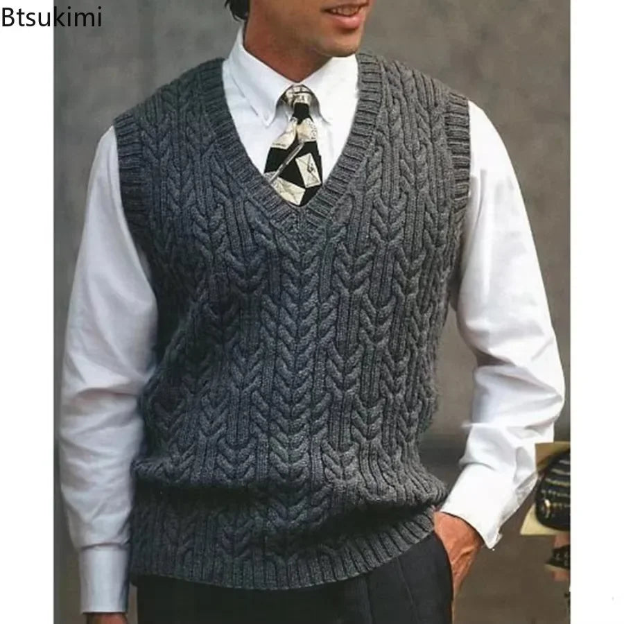 2026 Men's Autumn Winter Warm Casual Knitted Sweater Vest  Sleeveless V Neck Fleece Western Sweaters for Men Sueter Para Hombre