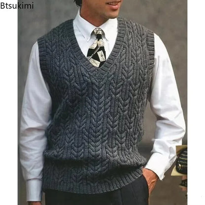 2026 Men's Autumn Winter Warm Casual Knitted Sweater Vest  Sleeveless V Neck Fleece Western Sweaters for Men Sueter Para Hombre