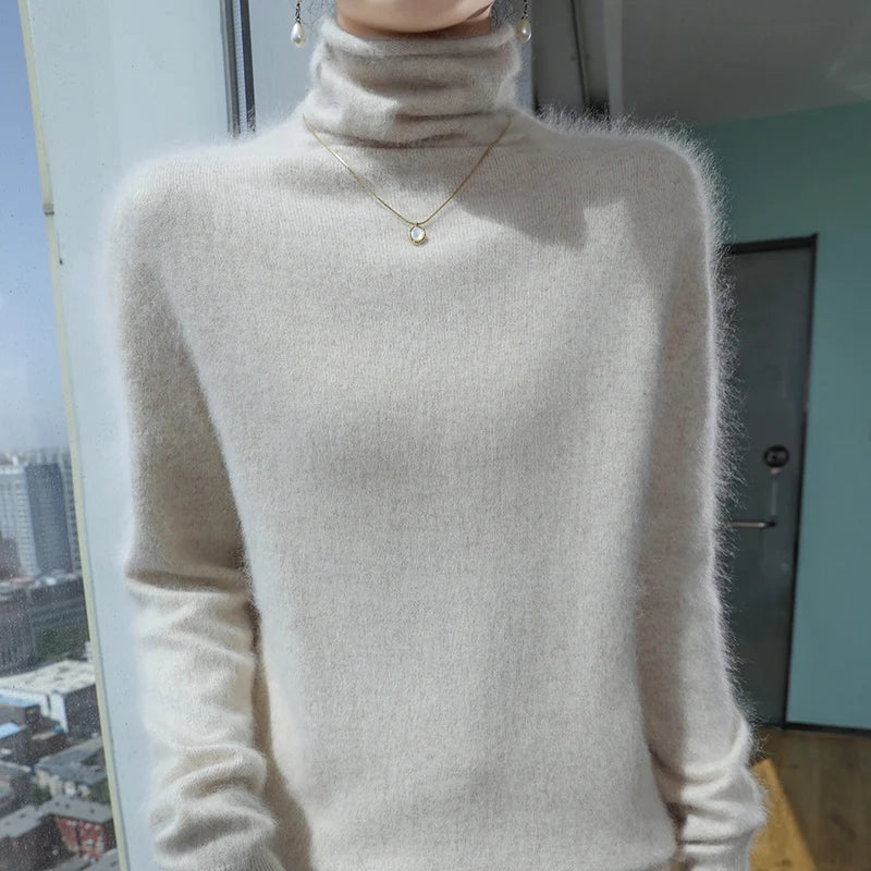 Autumn And Winter New 100% Pure Mink Cashmere Sweater Women's Pile Collar Pullover Slim Sweater Knitted Bottoming Shirt