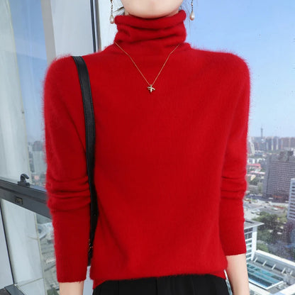 Autumn And Winter New 100% Pure Mink Cashmere Sweater Women's Pile Collar Pullover Slim Sweater Knitted Bottoming Shirt