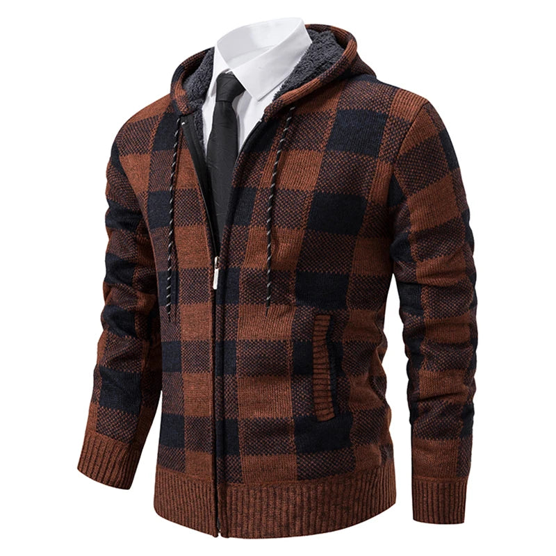 Autumn Winter Men's Cardigan Fashion Plus Velvet Padded Knit Jumpers Male Sweater Hooded Plaid Korean Luxury Brand Coat
