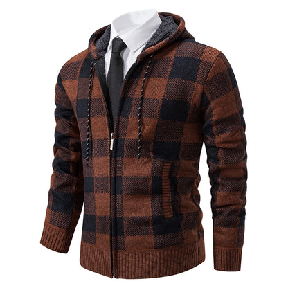Autumn Winter Men's Cardigan Fashion Plus Velvet Padded Knit Jumpers Male Sweater Hooded Plaid Korean Luxury Brand Coat