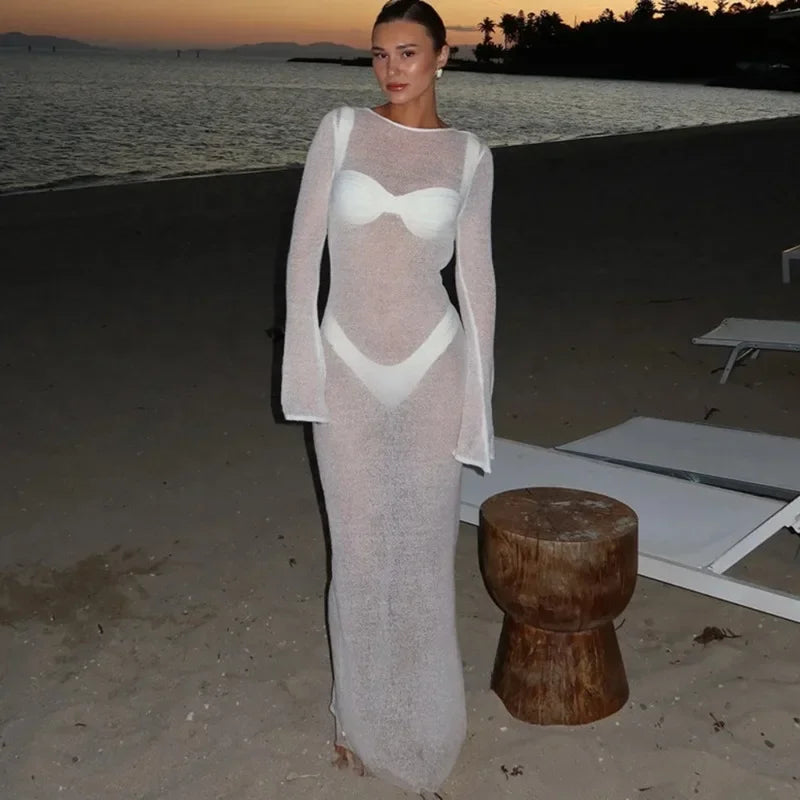 Tuularose Sexy V Neck Hollow Dress Women's Summer See-through Backless Beach Vacation Cover Up Dress Solid Knitted Party Dress