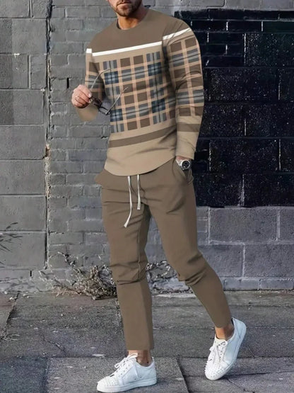 Urban Street Fashion Trend Men's Long Sleeve Round Neck Set 2pcs Daily Casual Men's Round Neck Top Outdoor Casual Loose Long Sty