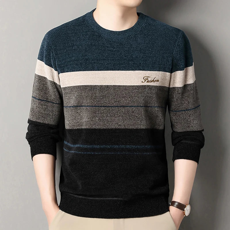 Men's Lapel Sweater Fashion Striped Knitted Pullovers Autumn Winter Fleece Lined Knitwear Thickened Jumpers New Jersey