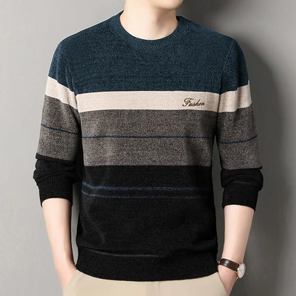Men's Lapel Sweater Fashion Striped Knitted Pullovers Autumn Winter Fleece Lined Knitwear Thickened Jumpers New Jersey
