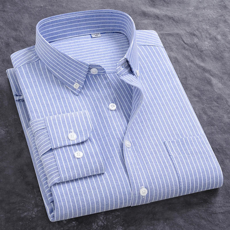 Classic Men's Dress Shirt Spring Long Sleeve 100% Pure Cotton Solid Color Oxford Striped Soft Business Regular Fit Social Blouse