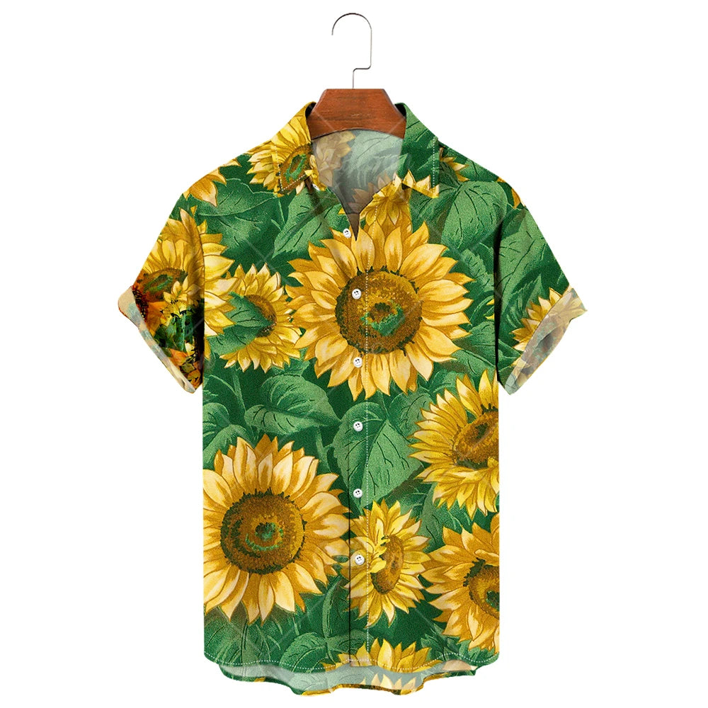 Men's Hawaiian Shirt, 3D Sunflower Print T-Shirt, Floral Single Row Button Lapel, Large 5XL, Casual Style, Beach To
