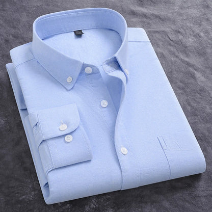 Classic Men's Dress Shirt Spring Long Sleeve 100% Pure Cotton Solid Color Oxford Striped Soft Business Regular Fit Social Blouse