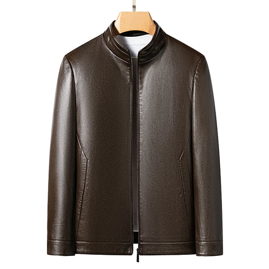 YN-2263 Autumn And Spring Men's Stand Collar Jacket Natural Leather Thin Section Plus Velvet Fashion  Jacket Motorcycle Youth