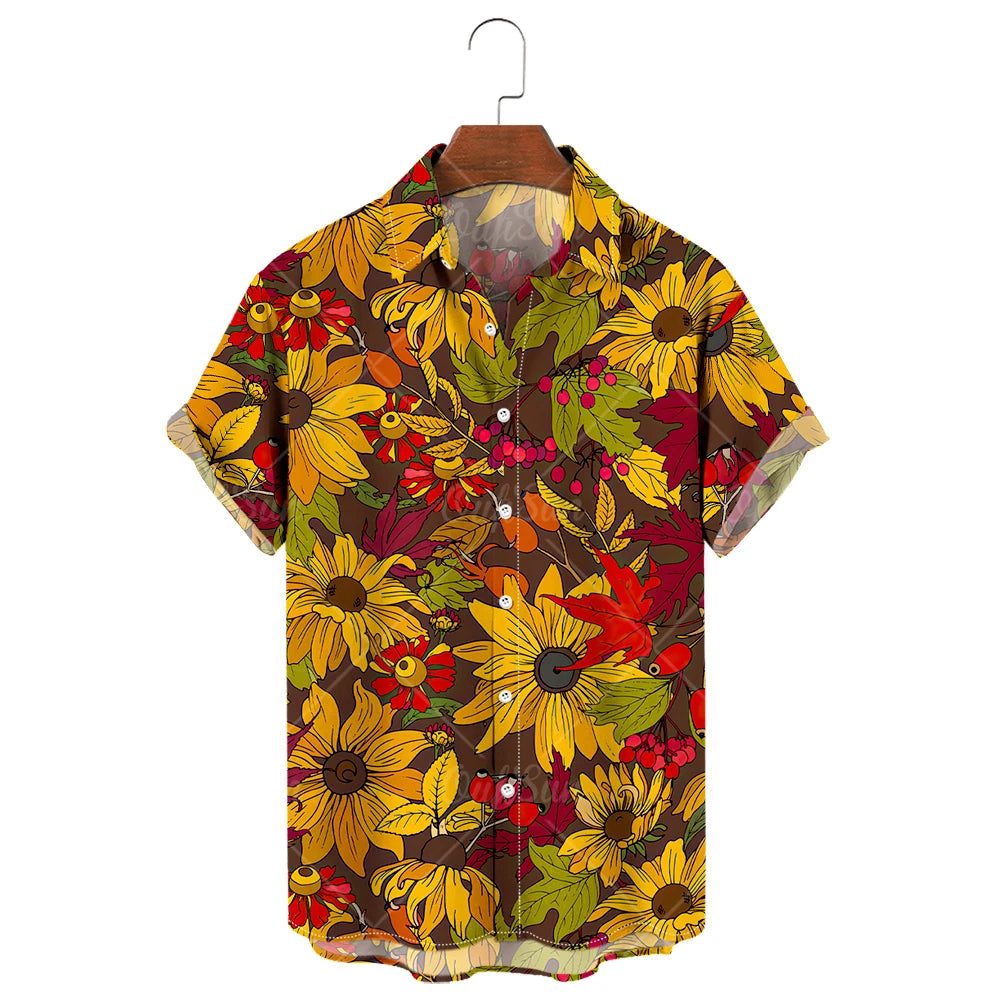 Men's Hawaiian Shirt, 3D Sunflower Print T-Shirt, Floral Single Row Button Lapel, Large 5XL, Casual Style, Beach To