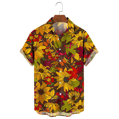 Men's Hawaiian Shirt, 3D Sunflower Print T-Shirt, Floral Single Row Button Lapel, Large 5XL, Casual Style, Beach To