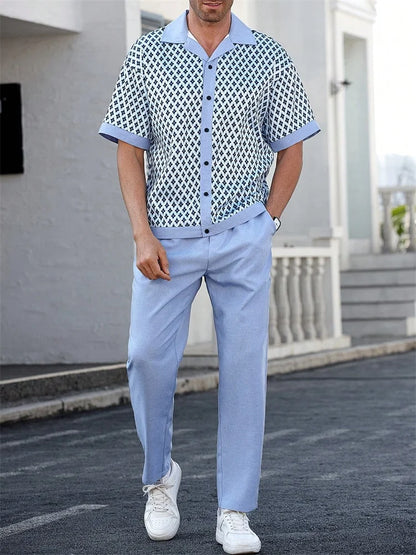 Light Blue Striped 3D Printed Men's Autumn Shirt Set, Outdoor Sports Casual Men's Lapel Shirt And Casual, Trendy And Fashionable