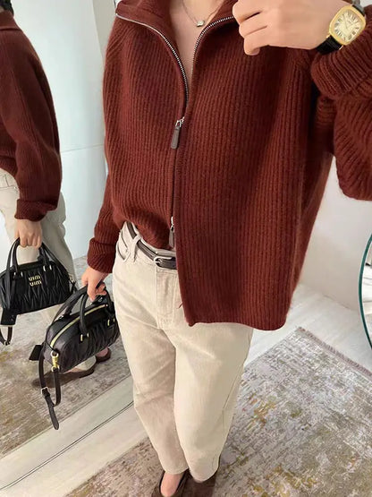 New 2025 high-end autumn and winter knitted women's lapel cashmere wool sweater casual short women's cardigan 100% wool sweater