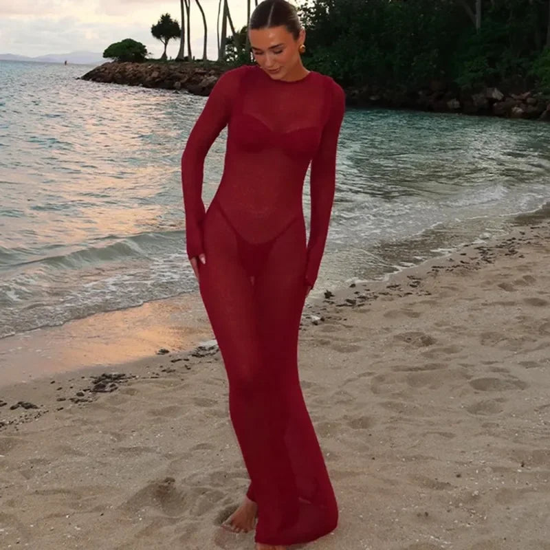 Tuularose Sexy V Neck Hollow Dress Women's Summer See-through Backless Beach Vacation Cover Up Dress Solid Knitted Party Dress